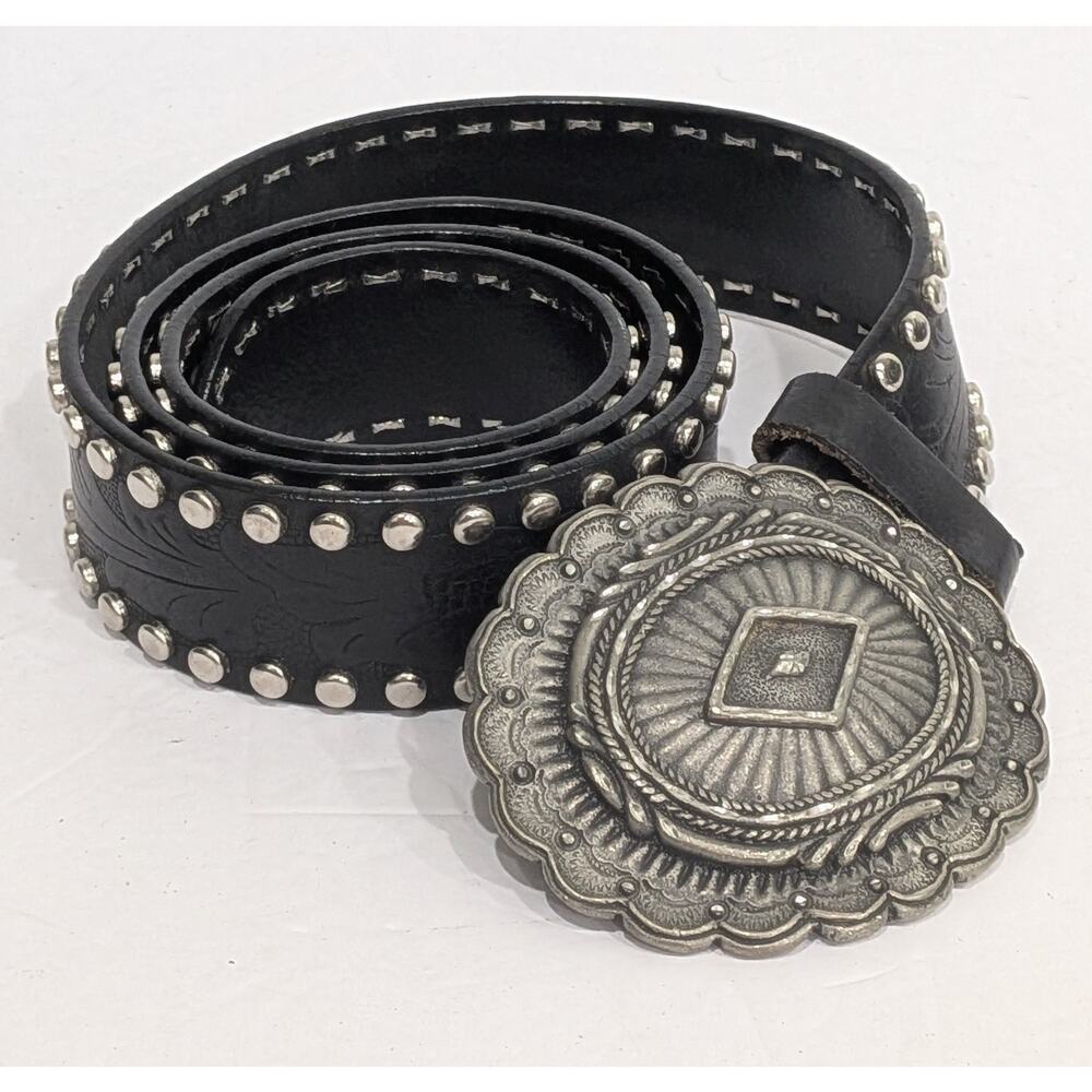 VTG 90s BEBE Leather Western Belt Med/L Studded Concho Floral Tooled Boho USA